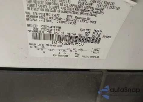 2015 Ford Taurus Sel z USA, uszkodzony, nr VIN 1FAHP2E82FG195677